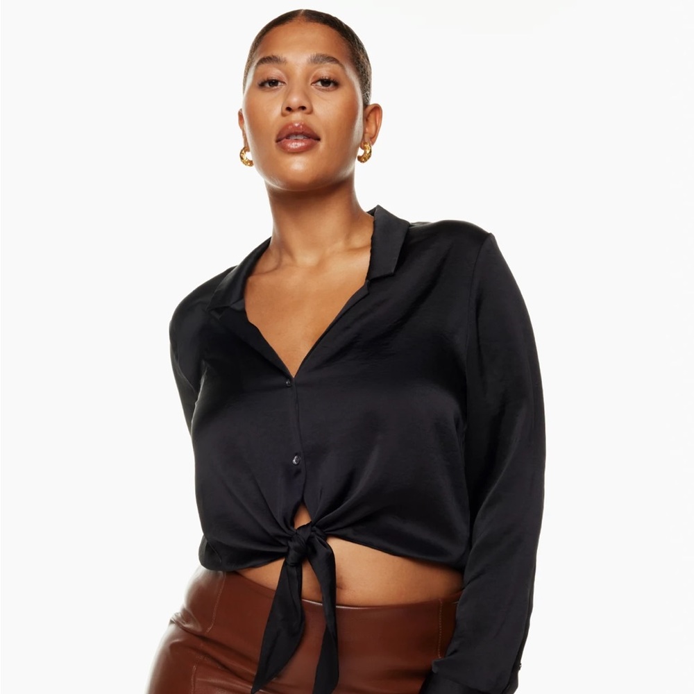 Aritizia Wilfred Black Satin Cropped Long Sleeve Blouse with Tie Bow - Size M